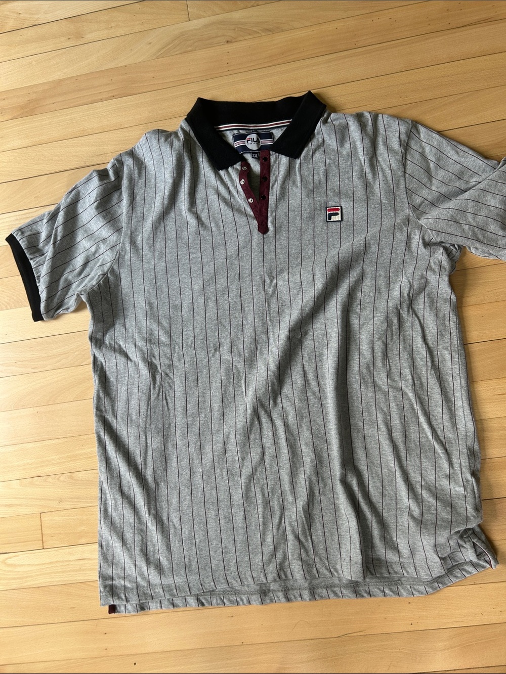FILA Gray Pinstripe Polo with Black Collar and Burgundy Placket xxl